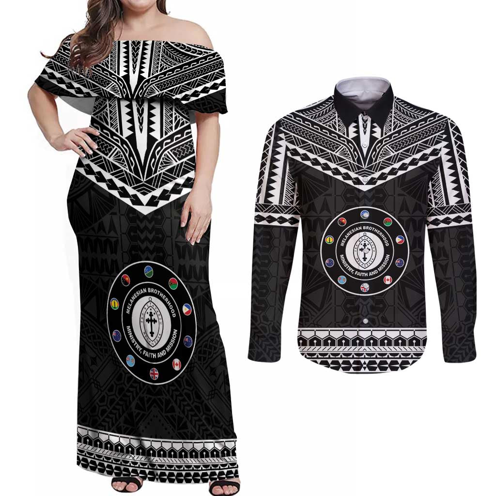 Personalised Melanesian Brotherhood Couples Matching Off Shoulder Maxi Dress and Long Sleeve Button Shirt Ministry Faith And Mission - Polynesian Pride
