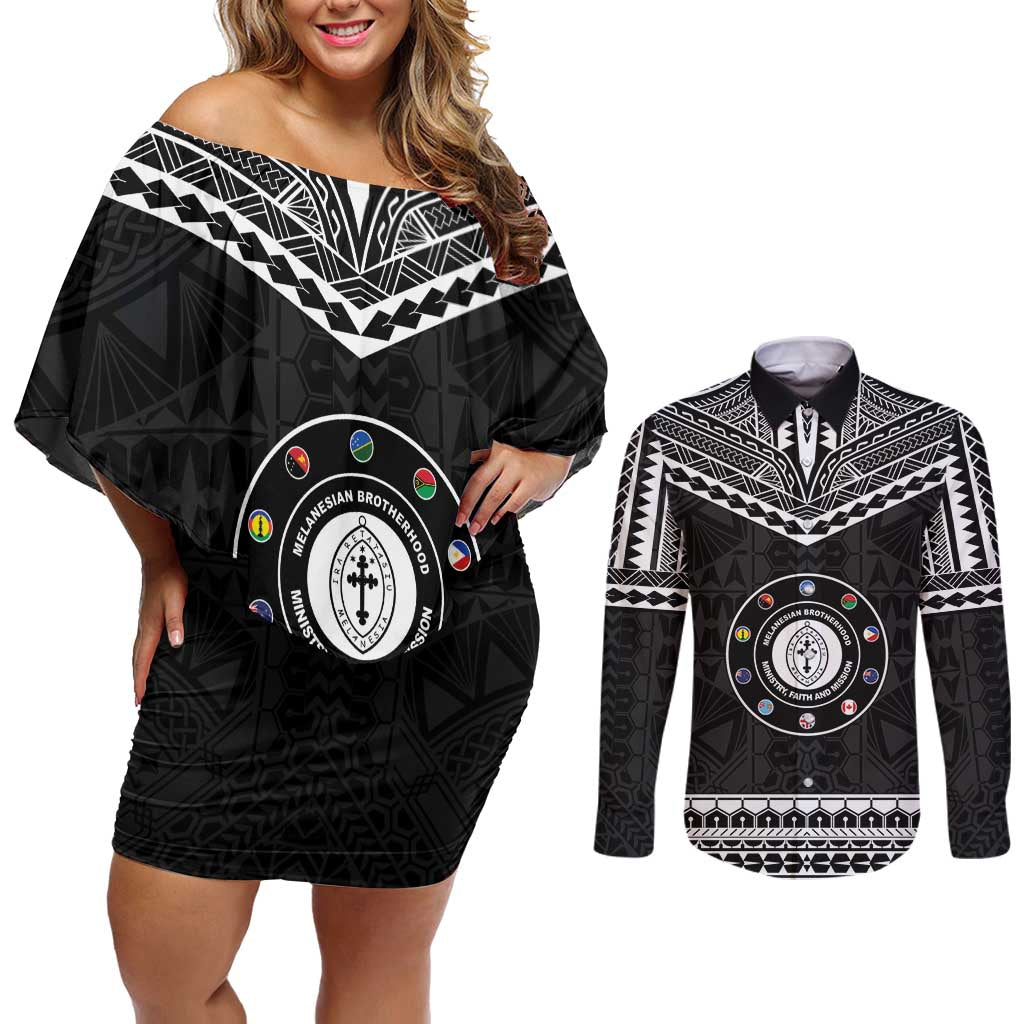 Personalised Melanesian Brotherhood Couples Matching Off Shoulder Short Dress and Long Sleeve Button Shirt Ministry Faith And Mission LT05 Black - Polynesian Pride