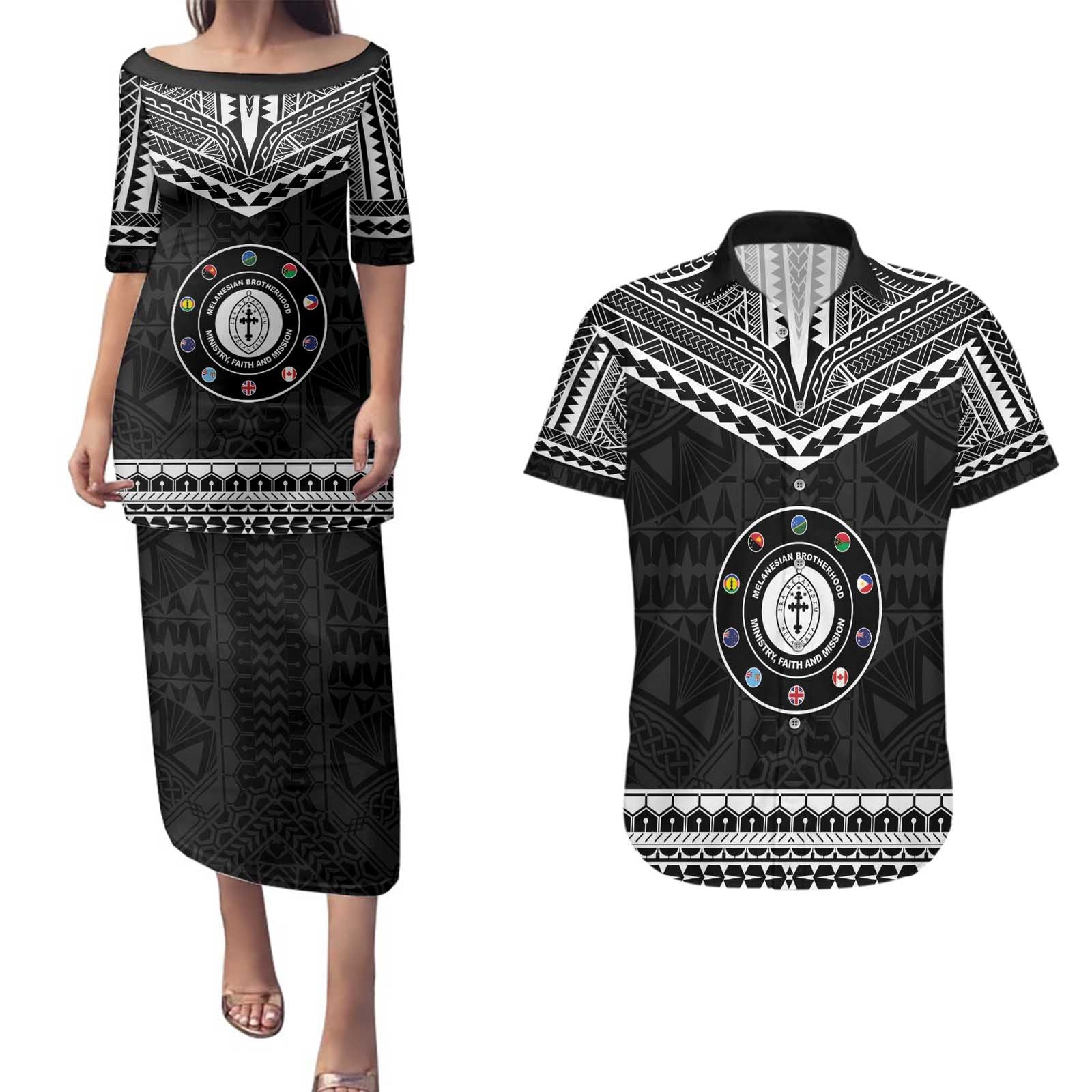 Personalised Melanesian Brotherhood Couples Matching Puletasi and Hawaiian Shirt Ministry Faith And Mission LT05 Black - Polynesian Pride