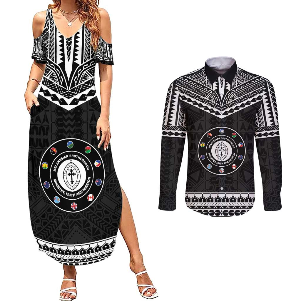 Personalised Melanesian Brotherhood Couples Matching Summer Maxi Dress and Long Sleeve Button Shirt Ministry Faith And Mission LT05 Black - Polynesian Pride