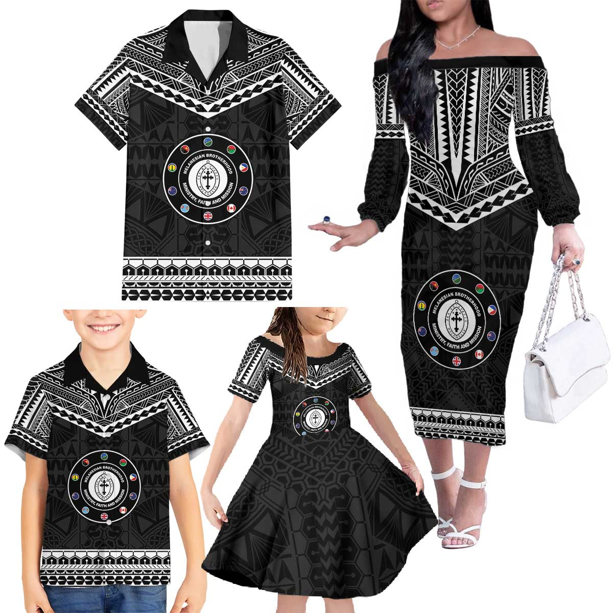 Personalised Melanesian Brotherhood Family Matching Off The Shoulder Long Sleeve Dress and Hawaiian Shirt Ministry Faith And Mission - Polynesian Pride