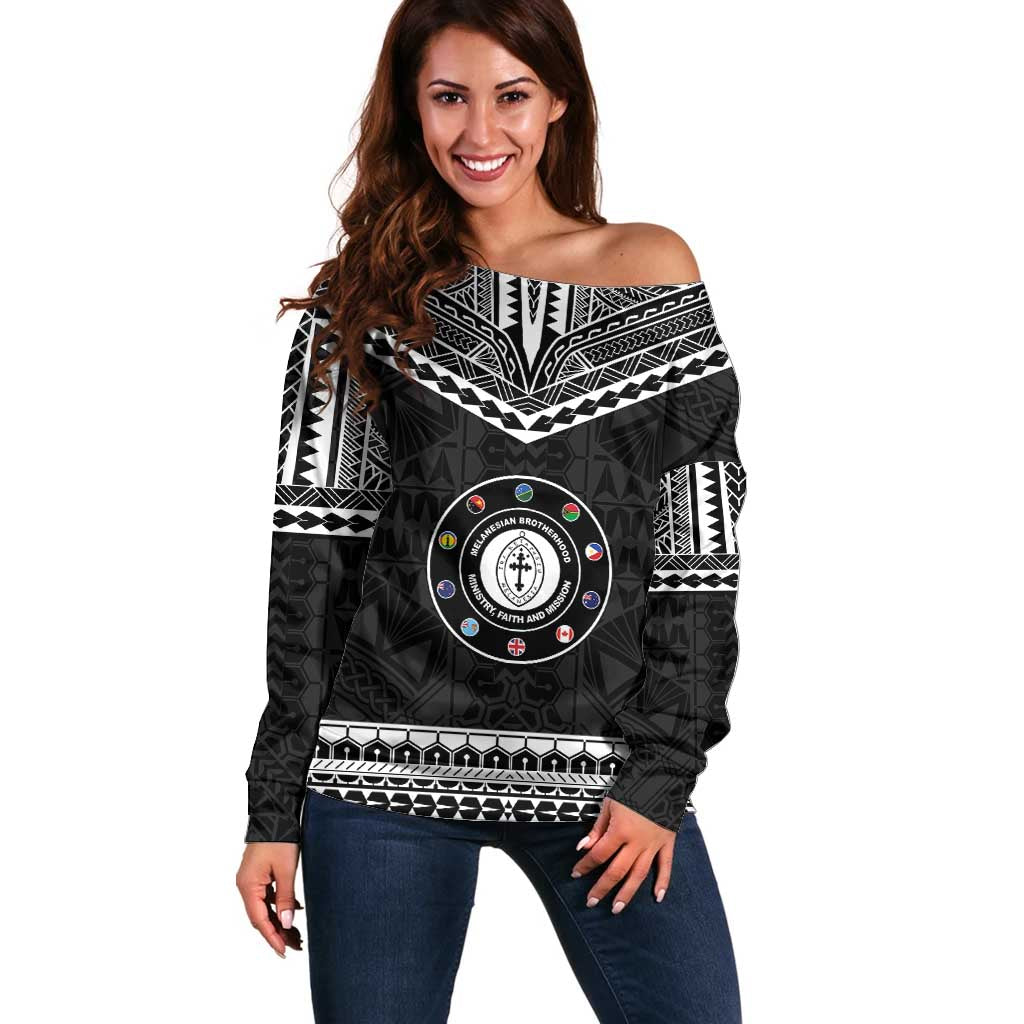 Personalised Melanesian Brotherhood Off Shoulder Sweater Ministry Faith And Mission LT05 Women Black - Polynesian Pride
