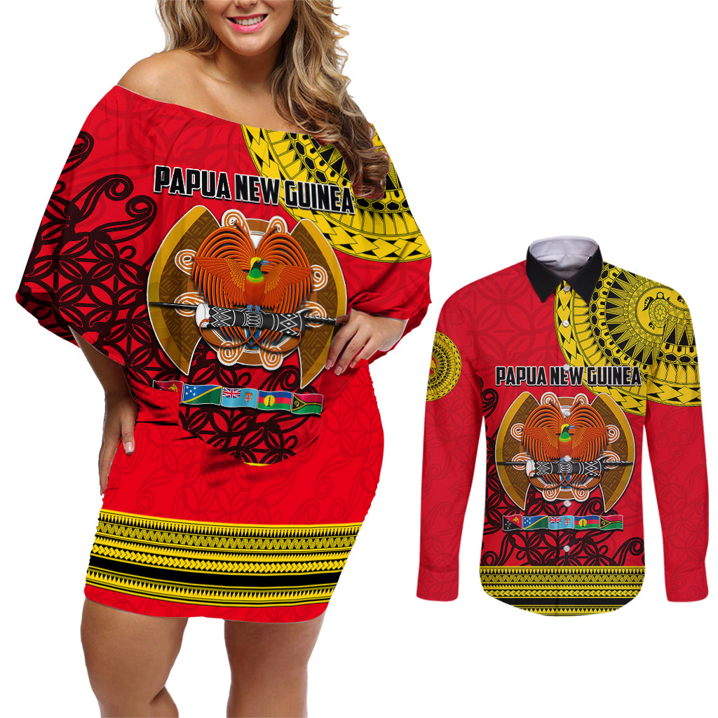 Papua New Guinea Couples Matching Off Shoulder Short Dress and Long Sleeve Button Shirts Melanesian Festival 2023 LT6 Red - Polynesian Pride