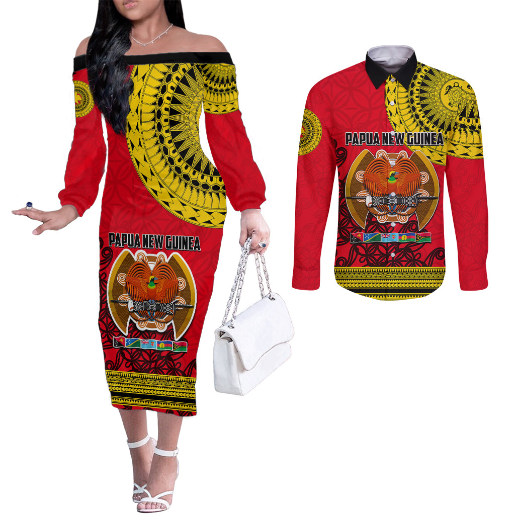 Papua New Guinea Couples Matching Off The Shoulder Long Sleeve Dress and Long Sleeve Button Shirts Melanesian Festival 2023 LT6 Red - Polynesian Pride