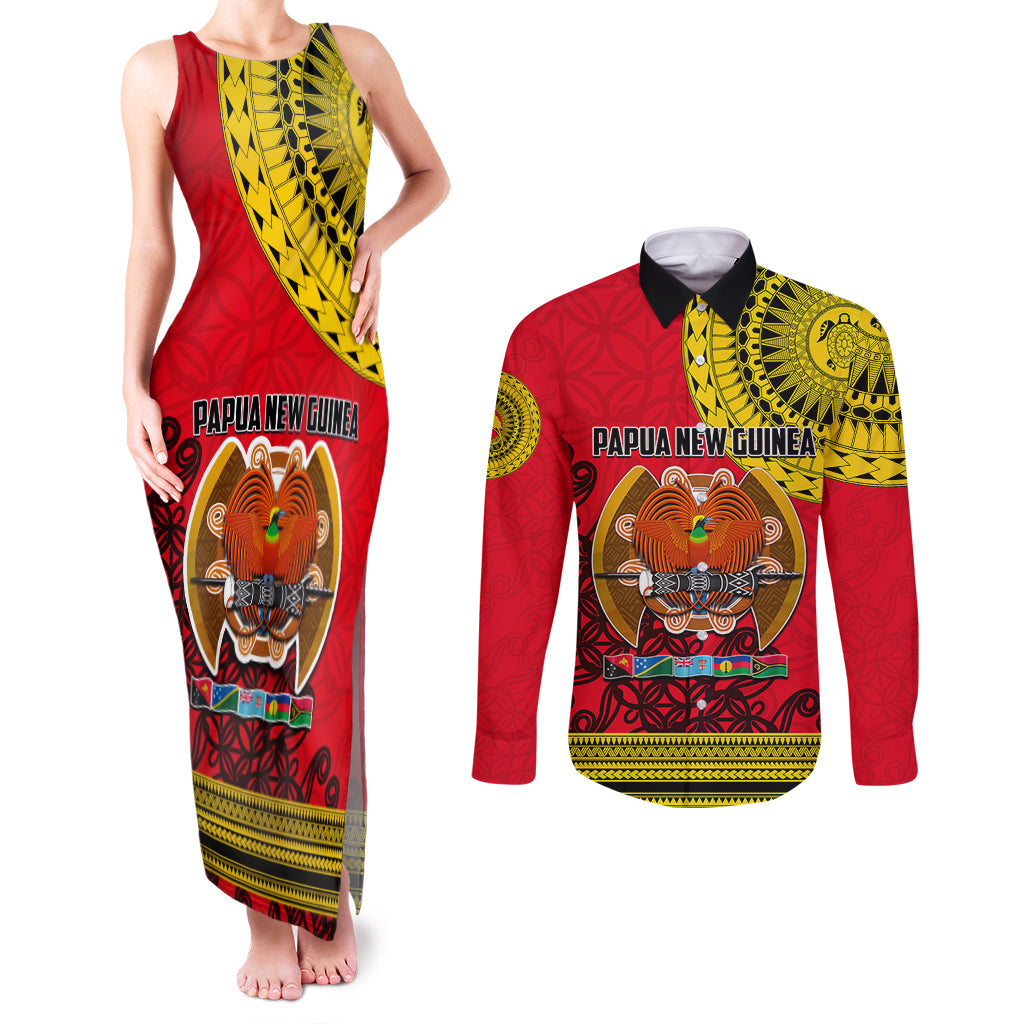 Papua New Guinea Couples Matching Tank Maxi Dress and Long Sleeve Button Shirts Melanesian Festival 2023 LT6 Red - Polynesian Pride