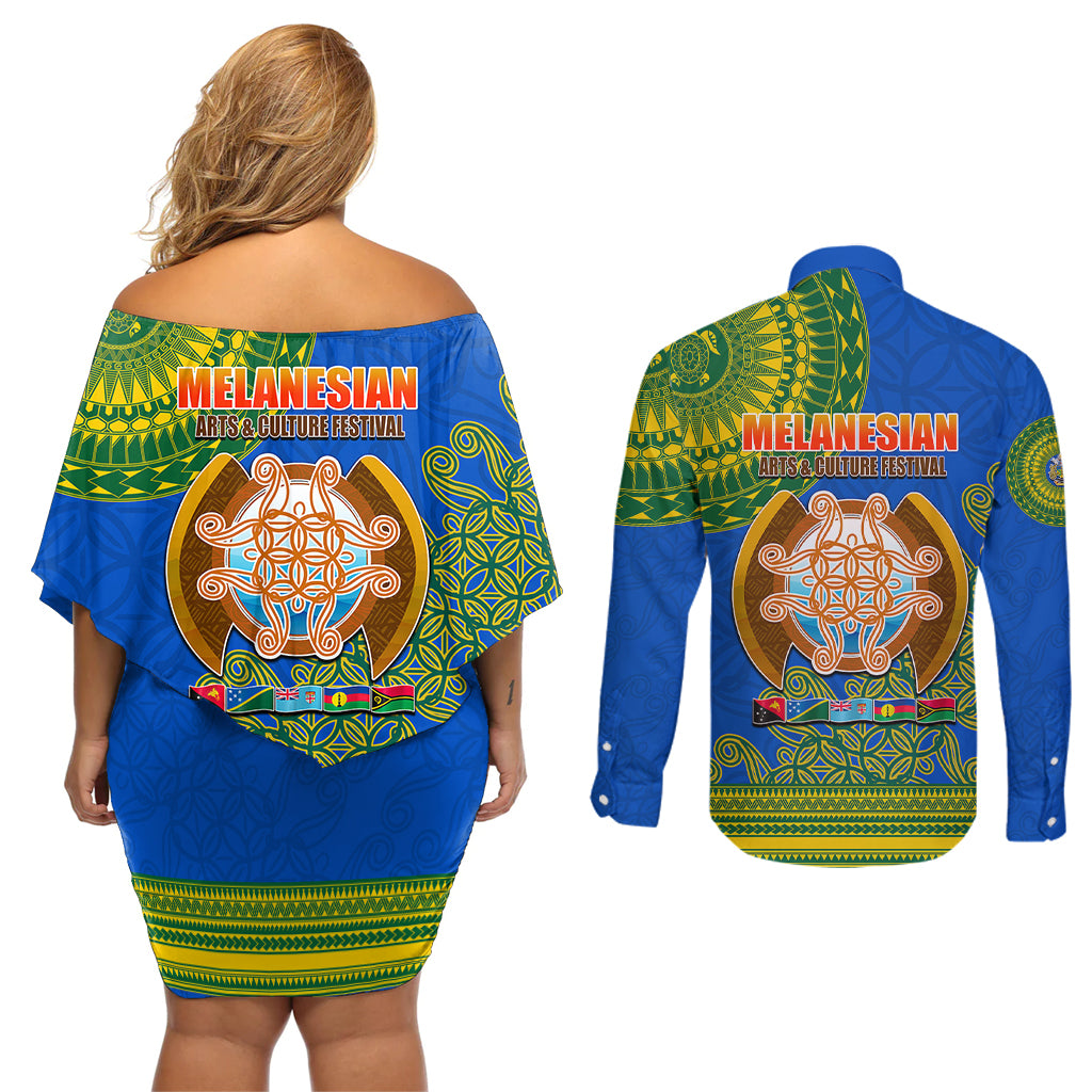 Solomon Islands Couples Matching Off Shoulder Short Dress and Long Sleeve Button Shirts Melanesian Festival 2023 LT6 - Polynesian Pride