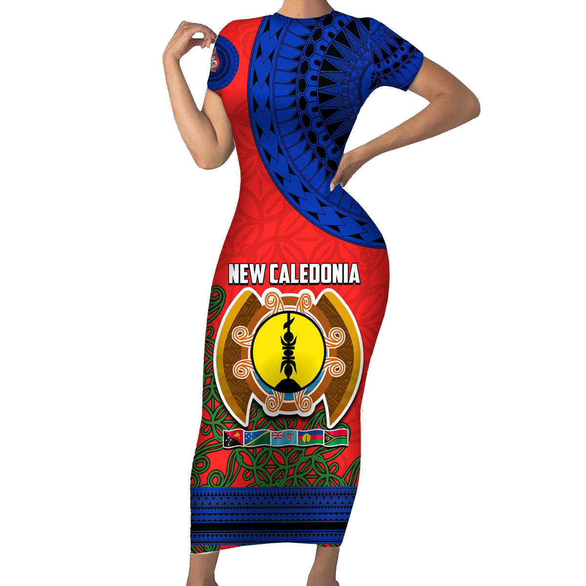 New Caledonia Short Sleeve Bodycon Dress Melanesian Festival 2023 LT6 Long Dress Red - Polynesian Pride