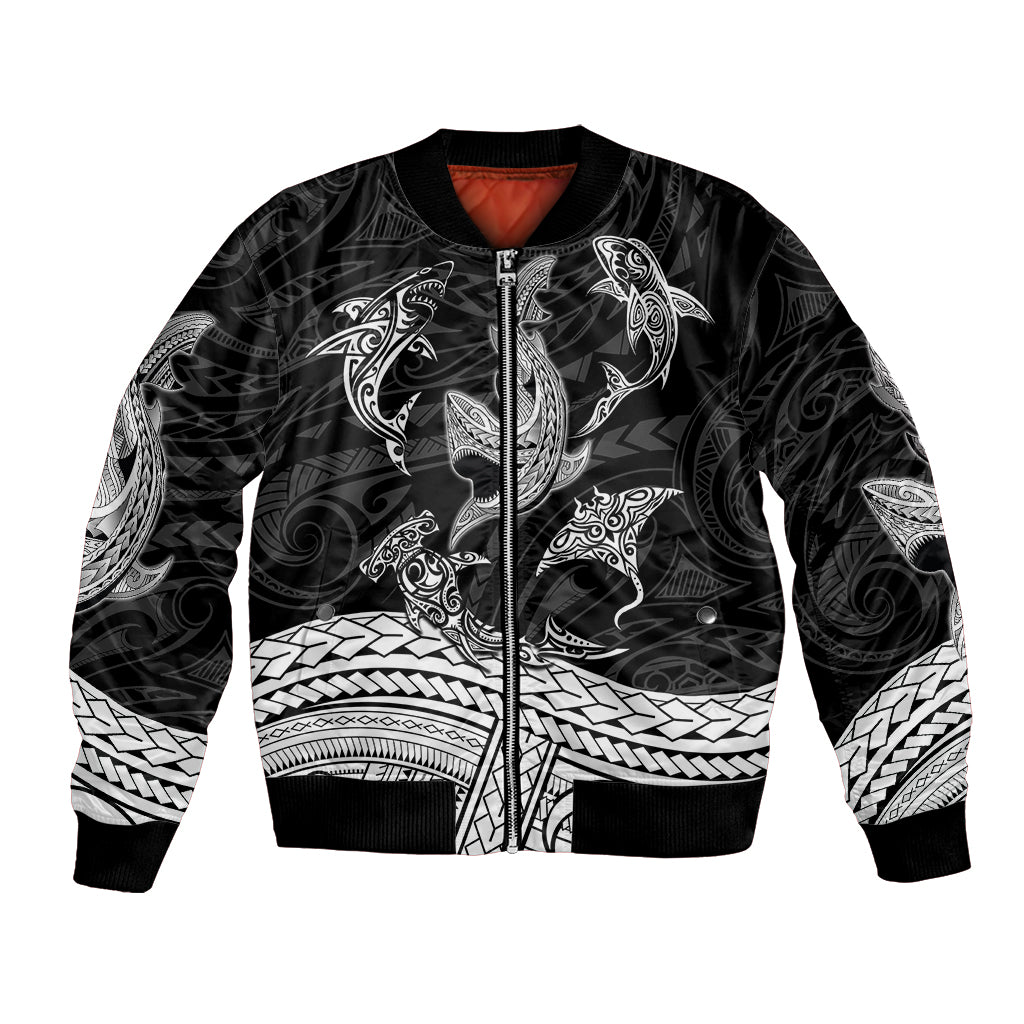 Polynesian Tribal Bomber Jacket with Sharks Tattoo White LT6 Unisex White - Polynesian Pride