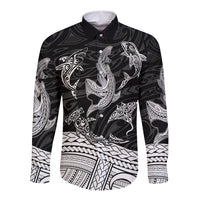 Polynesian Tribal Long Sleeve Button Shirt with Sharks Tattoo White LT6 Unisex White - Polynesian Pride