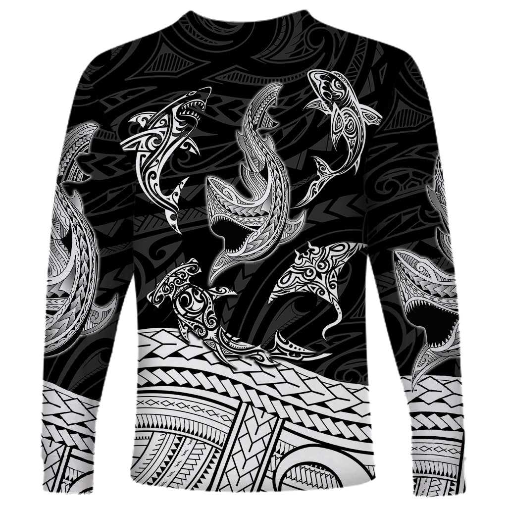 Polynesian Tribal Long Sleeve Shirt with Sharks Tattoo White LT6 - Polynesian Pride