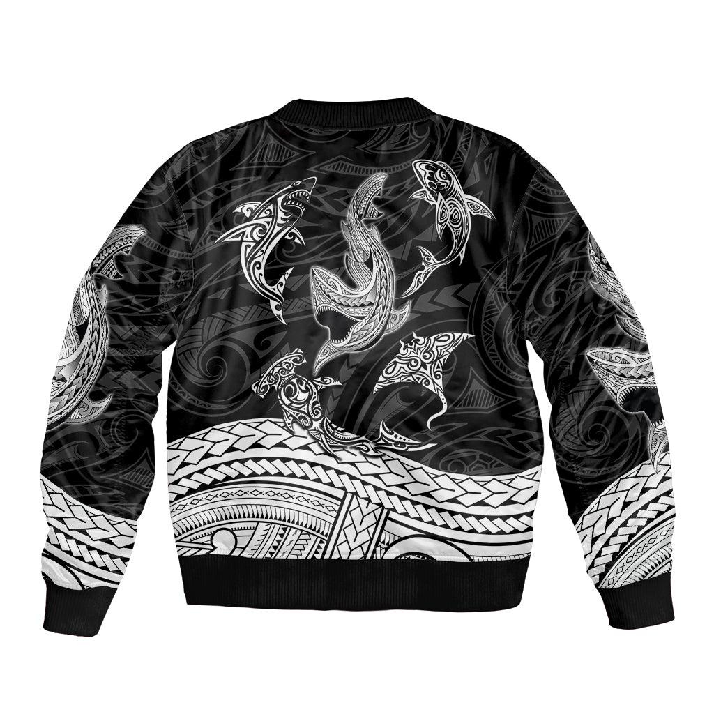 Polynesian Tribal Sleeve Zip Bomber Jacket with Sharks Tattoo White LT6 - Polynesian Pride