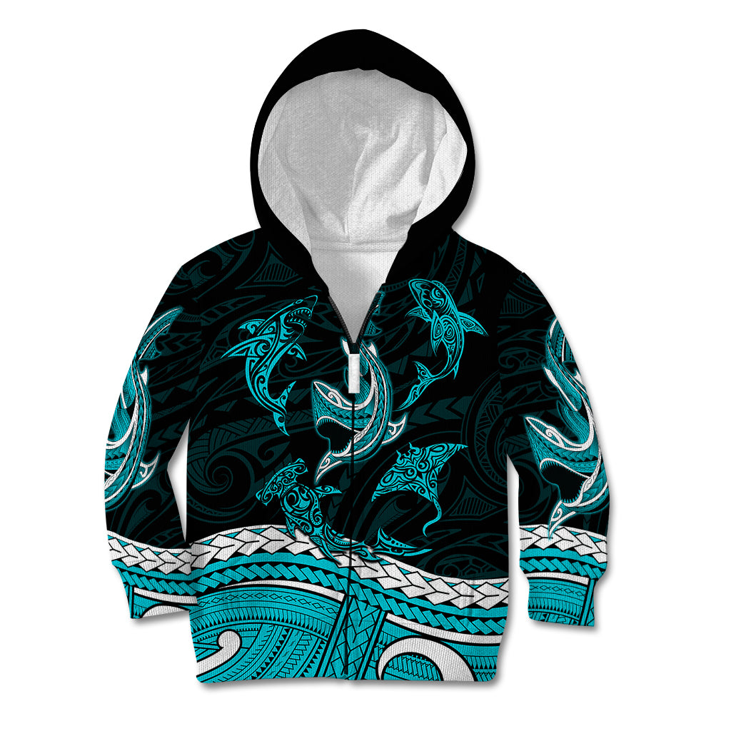 Polynesian Tribal Kid Hoodie with Sharks Tattoo Green LT6 Zip Hoodie Green - Polynesian Pride
