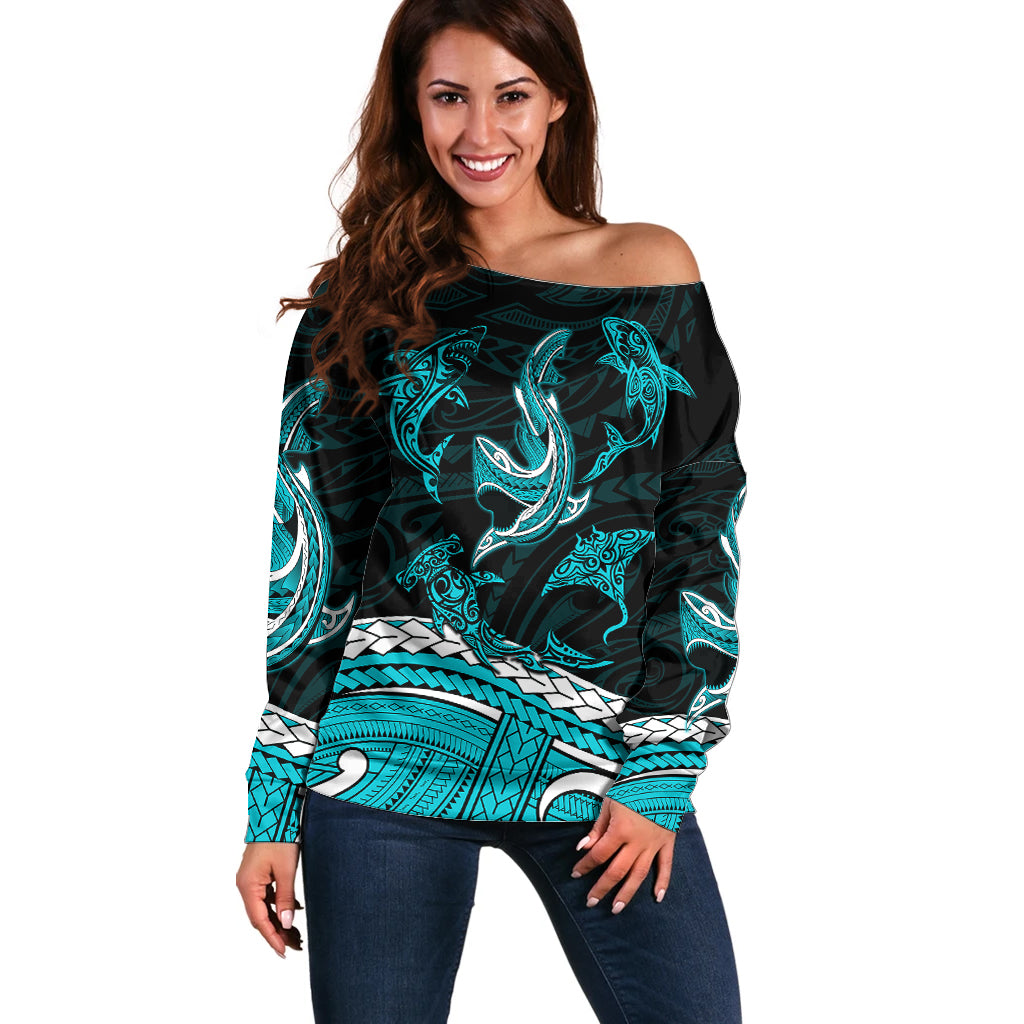 Polynesian Tribal Off Shoulder Sweater with Sharks Tattoo Green LT6 Women Green - Polynesian Pride