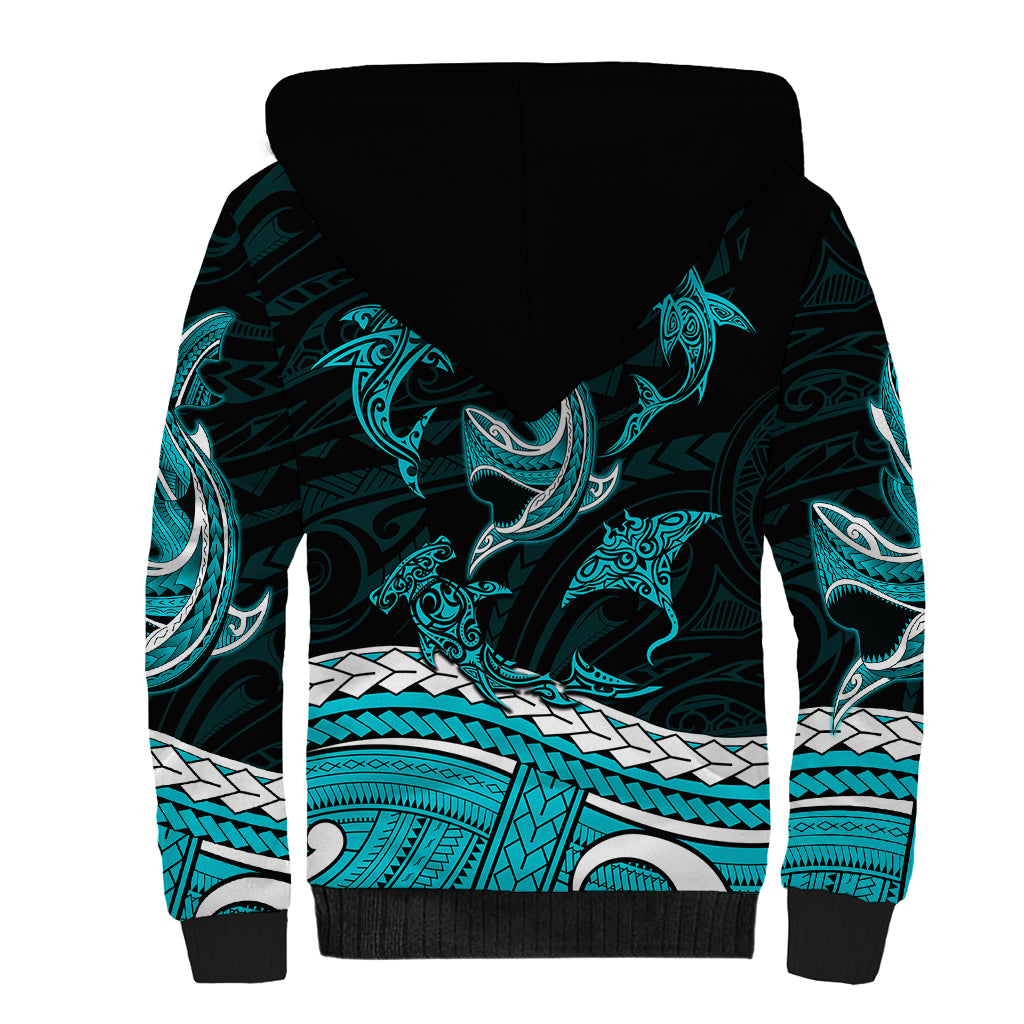 Polynesian Tribal Sherpa Hoodie with Sharks Tattoo Green LT6 - Polynesian Pride