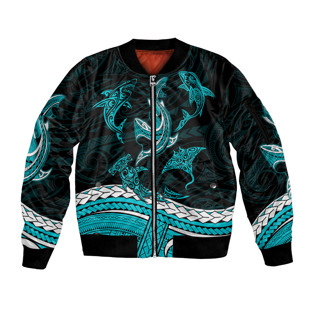 Polynesian Tribal Sleeve Zip Bomber Jacket with Sharks Tattoo Green LT6 Unisex Green - Polynesian Pride