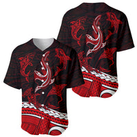 Polynesian Tribal Baseball Jersey with Sharks Tattoo Red LT6 - Polynesian Pride