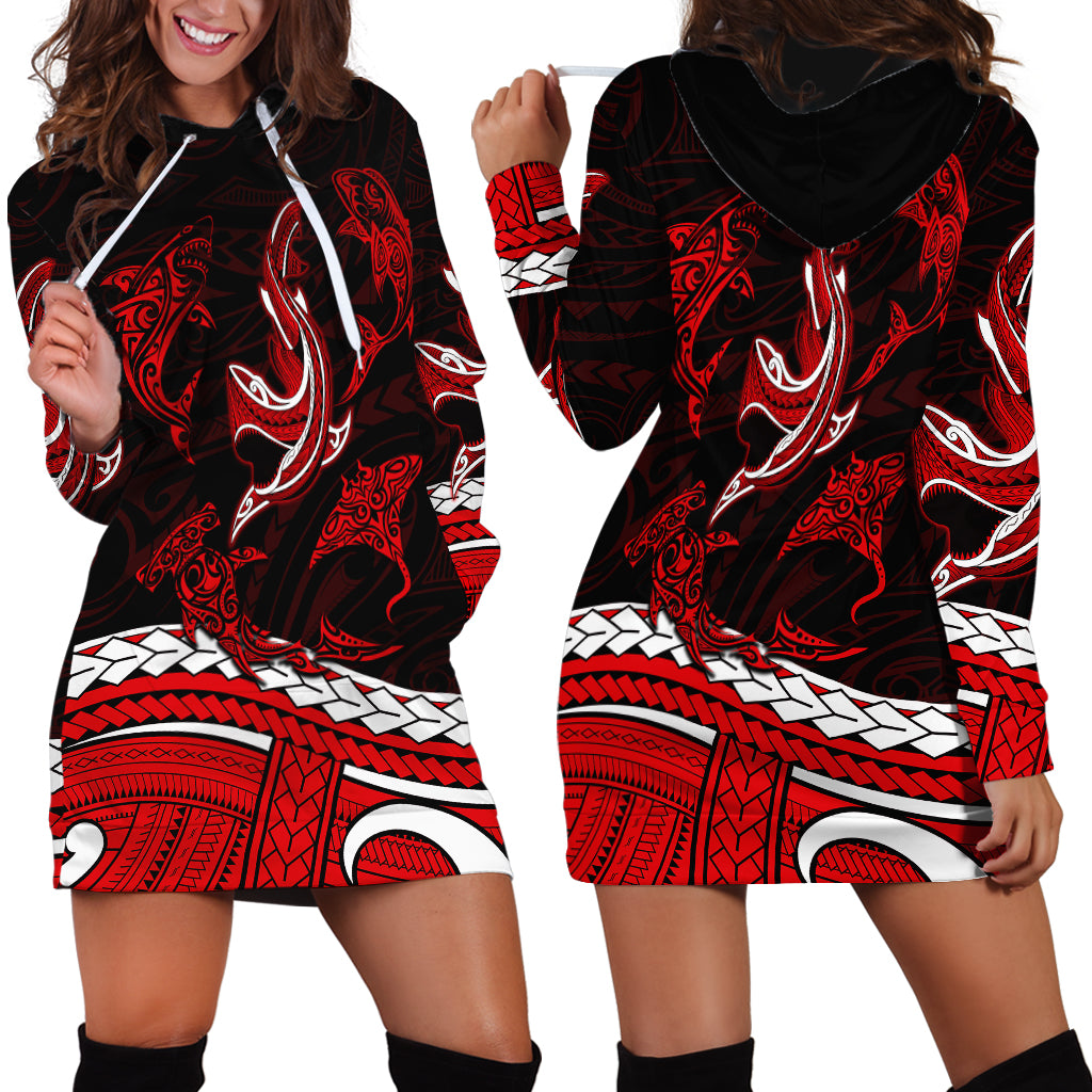 Polynesian Tribal Hoodie Dress with Sharks Tattoo Red LT6 - Polynesian Pride