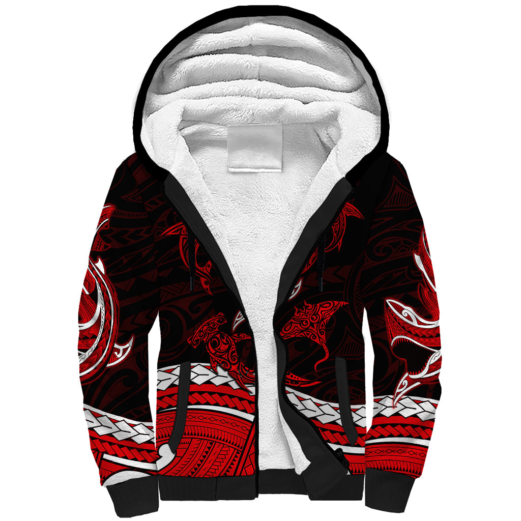 Polynesian Tribal Sherpa Hoodie with Sharks Tattoo Red LT6 Unisex Red - Polynesian Pride