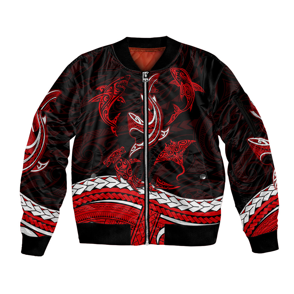 Polynesian Tribal Sleeve Zip Bomber Jacket with Sharks Tattoo Red LT6 Unisex Red - Polynesian Pride