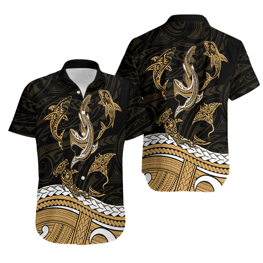 Polynesian Tribal Hawaiian Shirt with Sharks Tattoo Gold LT6 - Polynesian Pride