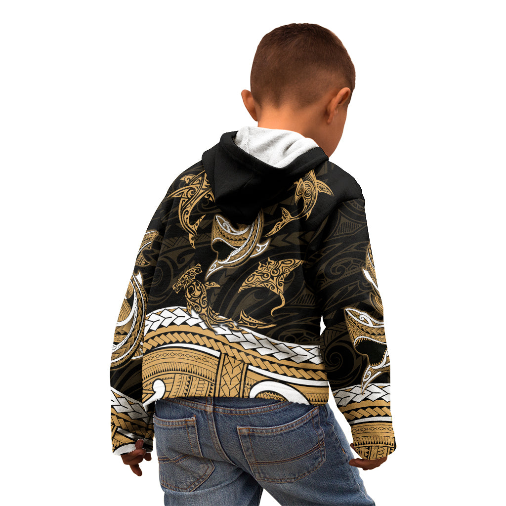Polynesian Tribal Kid Hoodie with Sharks Tattoo Gold LT6 - Polynesian Pride