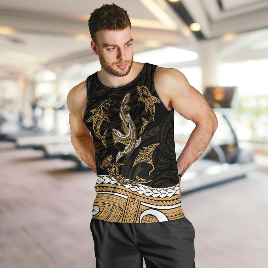 Polynesian Tribal Men Tank Top with Sharks Tattoo Gold LT6 - Polynesian Pride