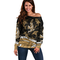 Polynesian Tribal Off Shoulder Sweater with Sharks Tattoo Gold LT6 Women Gold - Polynesian Pride