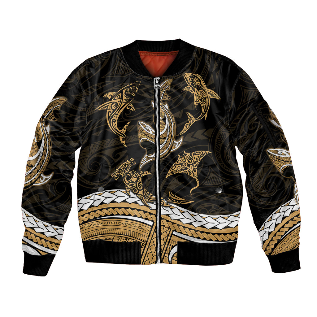 Polynesian Tribal Sleeve Zip Bomber Jacket with Sharks Tattoo Gold LT6 Unisex Gold - Polynesian Pride