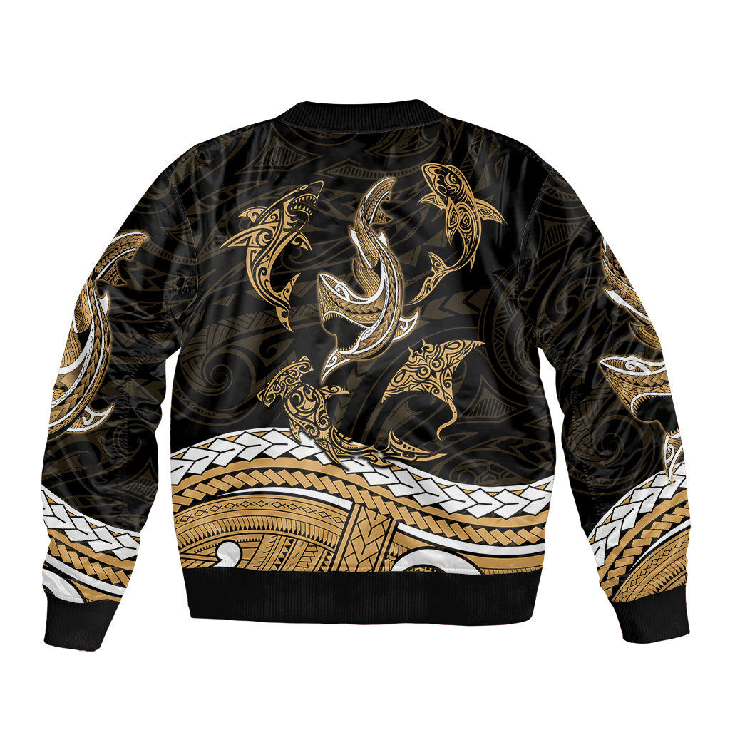 Polynesian Tribal Sleeve Zip Bomber Jacket with Sharks Tattoo Gold LT6 - Polynesian Pride