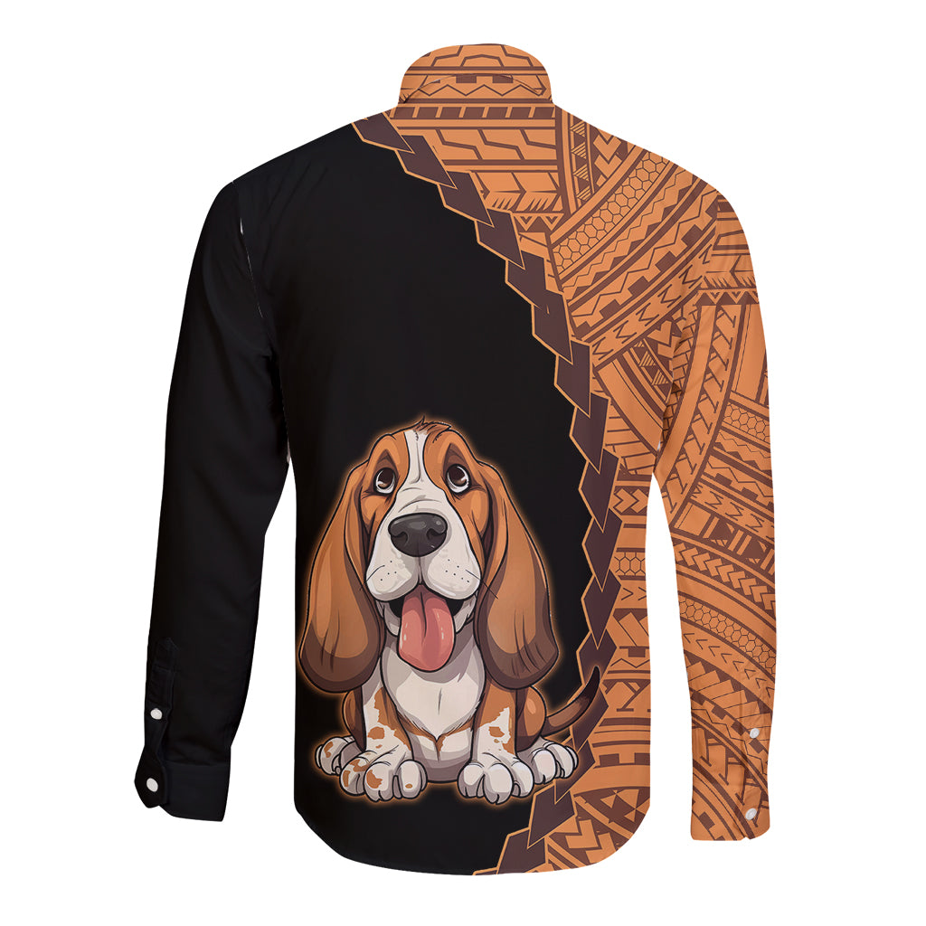 Custom Basset Hound Dog Long Sleeve Button Shirt With Polynesian Tribal Tattoo LT6 - Polynesian Pride