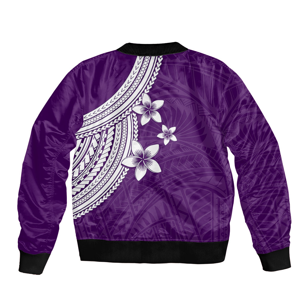 Polynesian Sleeve Zip Bomber Jacket With Plumeria Flower Purple LT6 - Polynesian Pride