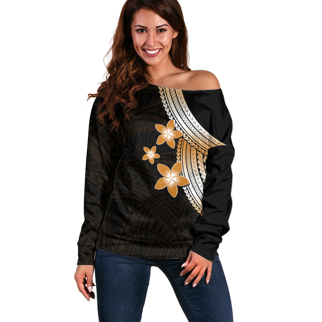 Polynesian Off Shoulder Sweater With Plumeria Flower Gold LT6 Women Gold - Polynesian Pride