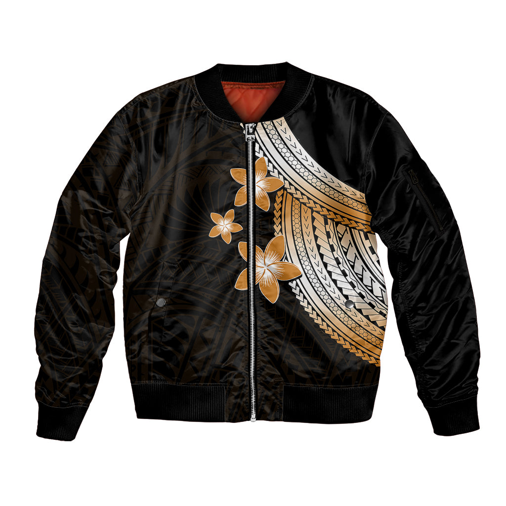 Polynesian Sleeve Zip Bomber Jacket With Plumeria Flower Gold LT6 Unisex Gold - Polynesian Pride