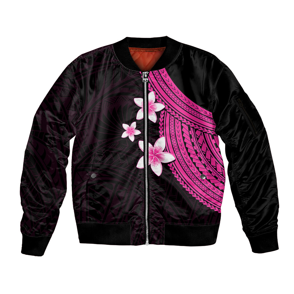 Polynesian Sleeve Zip Bomber Jacket With Plumeria Flower Pink LT6 Unisex Pink - Polynesian Pride