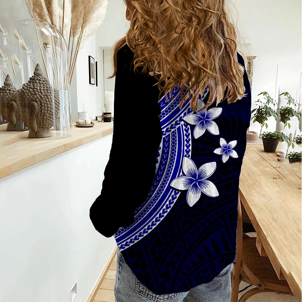Polynesian Women Casual Shirt With Plumeria Flower Blue LT6 - Polynesian Pride