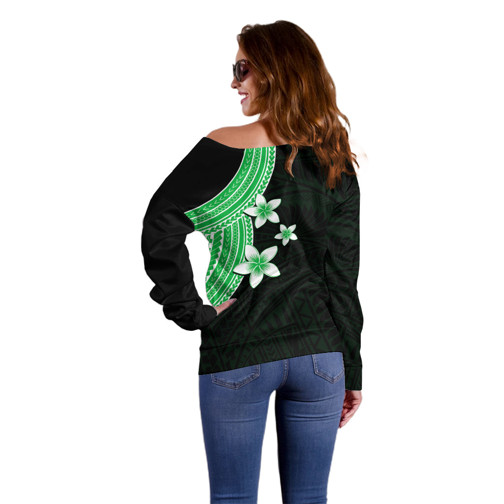 Polynesian Off Shoulder Sweater With Plumeria Flower Green LT6 - Polynesian Pride