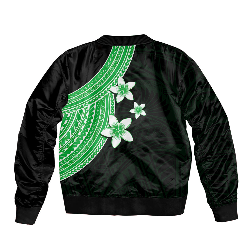 Polynesian Sleeve Zip Bomber Jacket With Plumeria Flower Green LT6 - Polynesian Pride