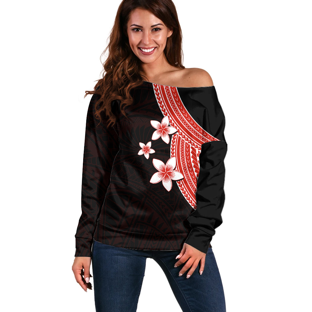 Polynesian Off Shoulder Sweater With Plumeria Flower Red LT6 Women Red - Polynesian Pride
