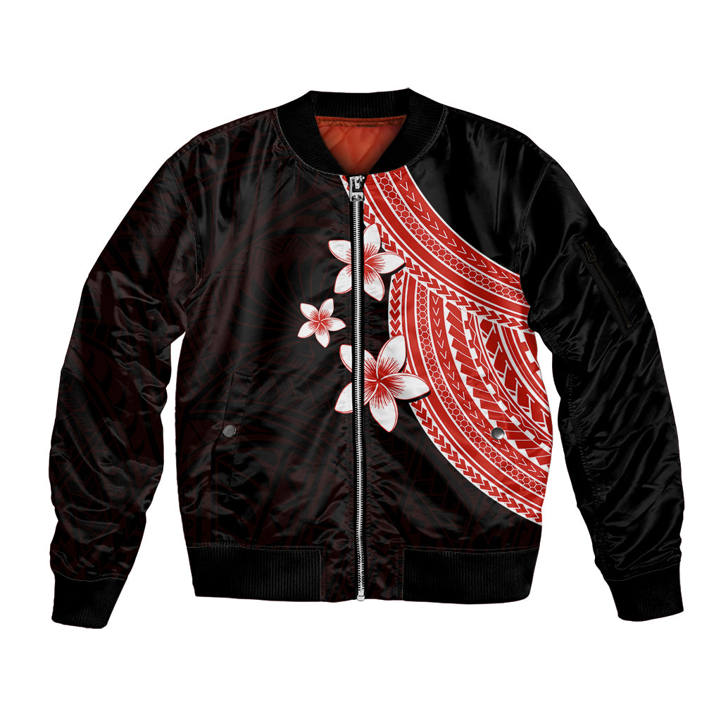 Polynesian Sleeve Zip Bomber Jacket With Plumeria Flower Red LT6 Unisex Red - Polynesian Pride