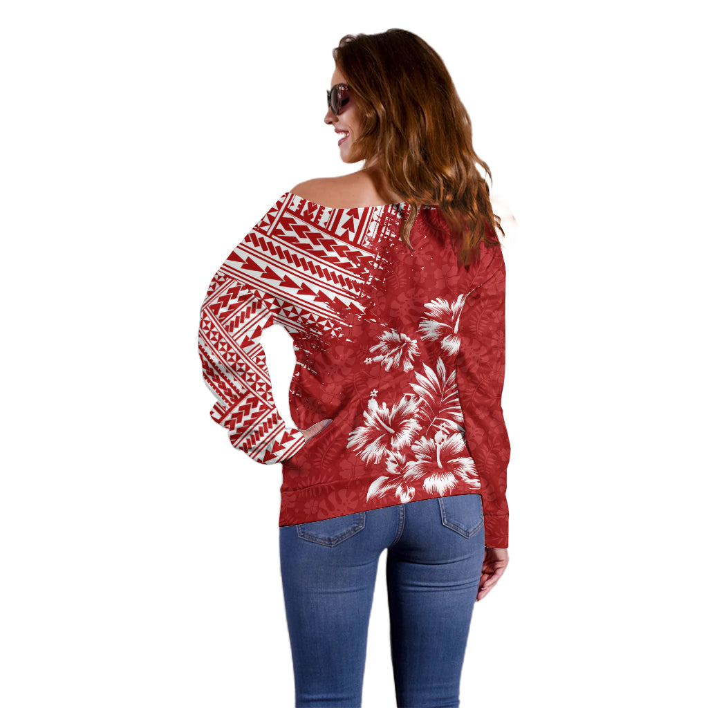 Hawaii Summer Off Shoulder Sweater Mix Polynesian Red LT6 - Polynesian Pride