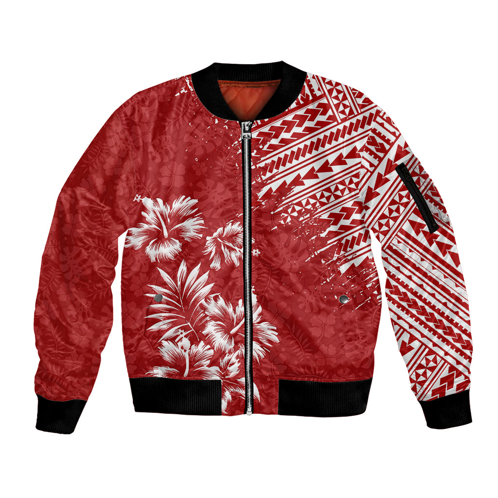 Hawaii Summer Sleeve Zip Bomber Jacket Mix Polynesian Red LT6 Unisex Red - Polynesian Pride