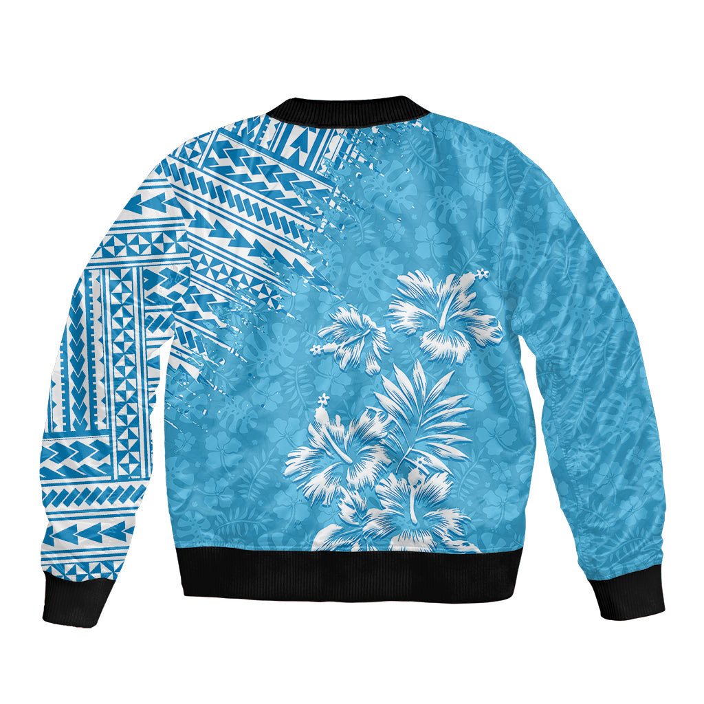 Hawaii Summer Sleeve Zip Bomber Jacket Mix Polynesian Light Blue LT6 - Polynesian Pride