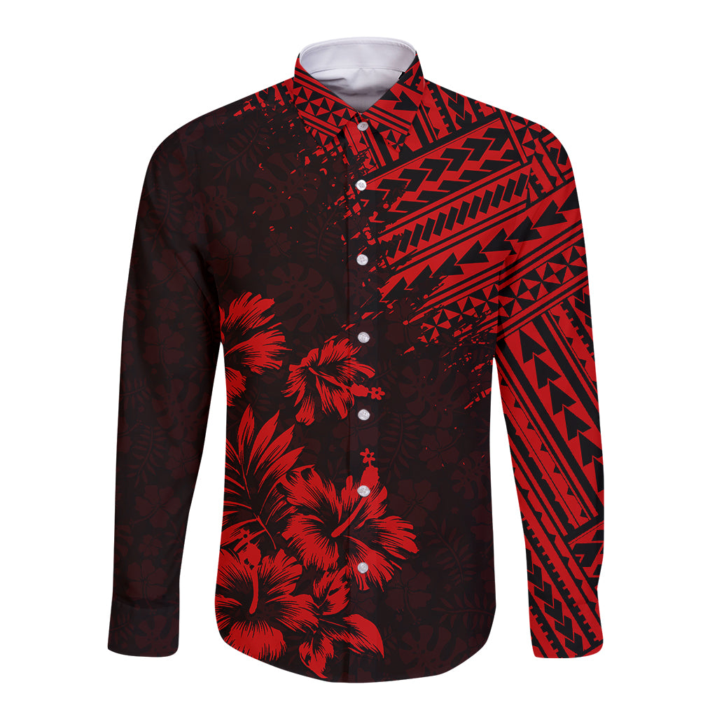 Hawaii Summer Long Sleeve Button Shirt Mix Polynesian Black-Red LT6 Unisex Red - Polynesian Pride