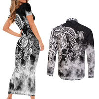 Polynesian Sea Turtle Couples Matching Short Sleeve Bodycon Dress and Long Sleeve Button Shirts Tribal Black LT6 - Polynesian Pride