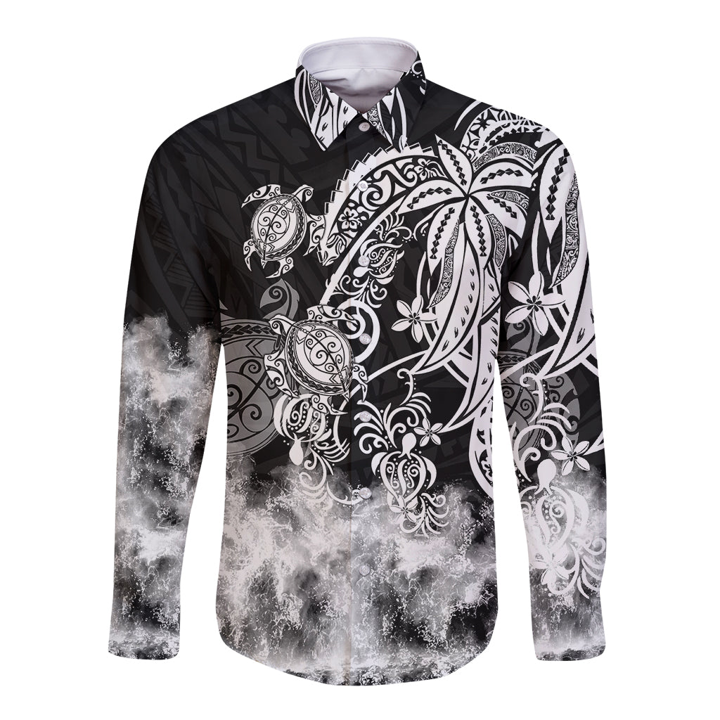 Polynesian Sea Turtle Long Sleeve Button Shirt Tribal Black LT6 Unisex Black - Polynesian Pride