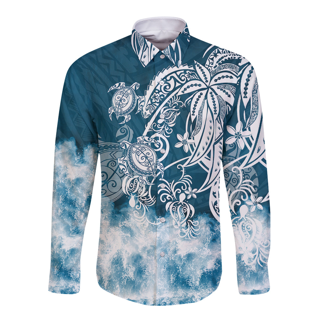 Polynesian Sea Turtle Long Sleeve Button Shirt Tribal Blue LT6 Unisex Blue - Polynesian Pride