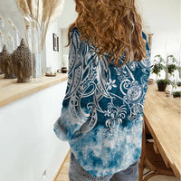 Polynesian Sea Turtle Women Casual Shirt Tribal Blue LT6 - Polynesian Pride