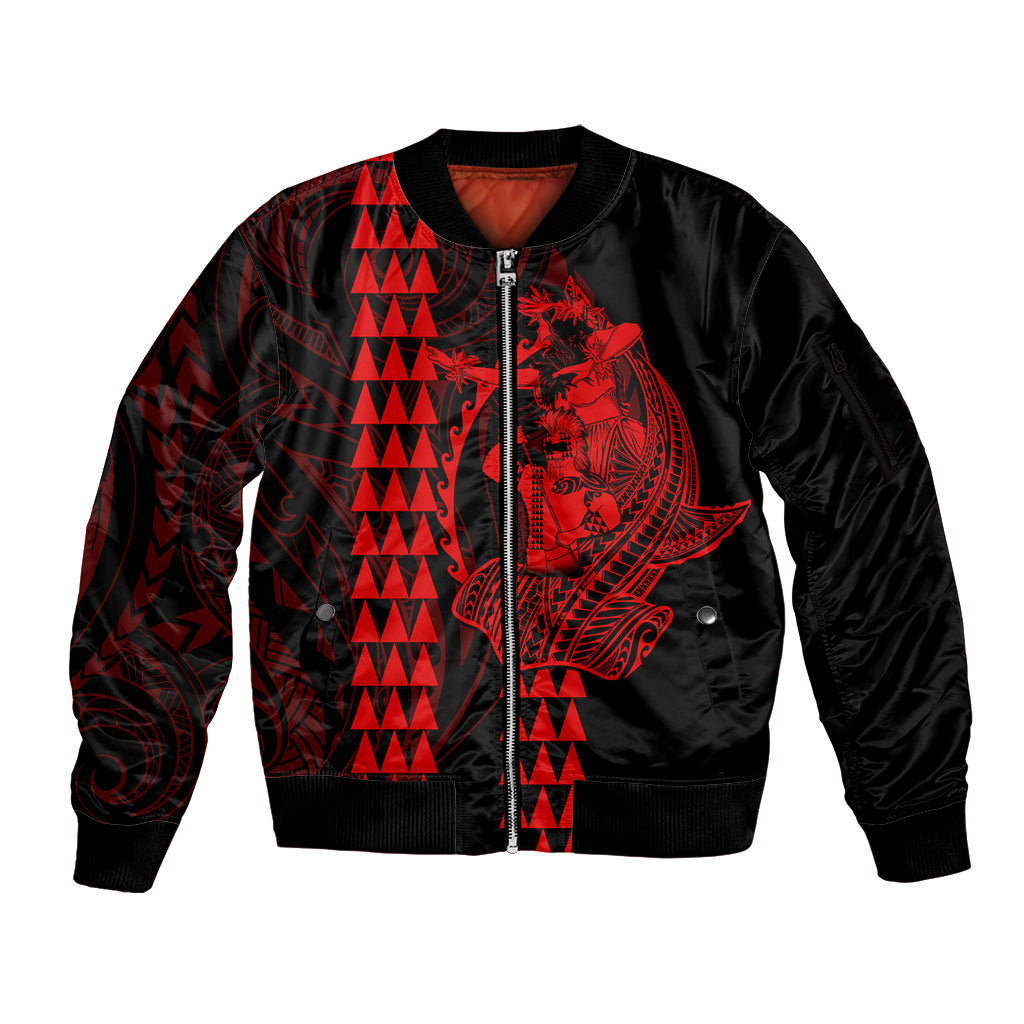 Polynesian Sleeve Zip Bomber Jacket Hawaiian Warrior and Aloha Girl With Hammerhead Shark Tattoos Red LT6 Unisex Red - Polynesian Pride