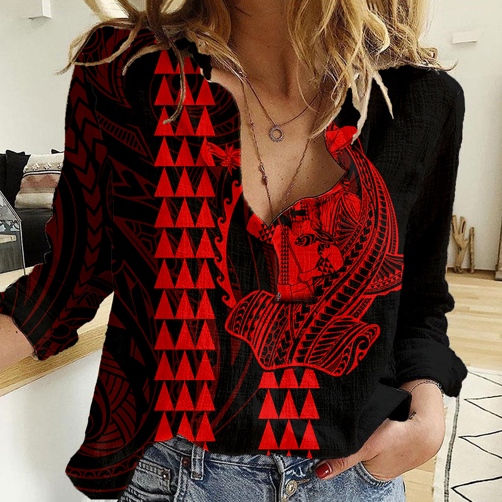 Polynesian Women Casual Shirt Hawaiian Warrior and Aloha Girl With Hammerhead Shark Tattoos Red LT6 Female Red - Polynesian Pride