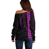 Polynesian Off Shoulder Sweater Hawaiian Warrior and Aloha Girl With Hammerhead Shark Tattoos Purple LT6 - Polynesian Pride